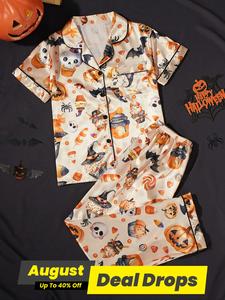 Two-piece Set Women's Satin Pyjama Set, Halloween Themed Pumpkin Skull Print Lapel Short Sleeve Pocket Shirt & Elastic Waist Pants Pj Set, Halloween Pajamas, Casual Comfortable Sleepwear Set for Women