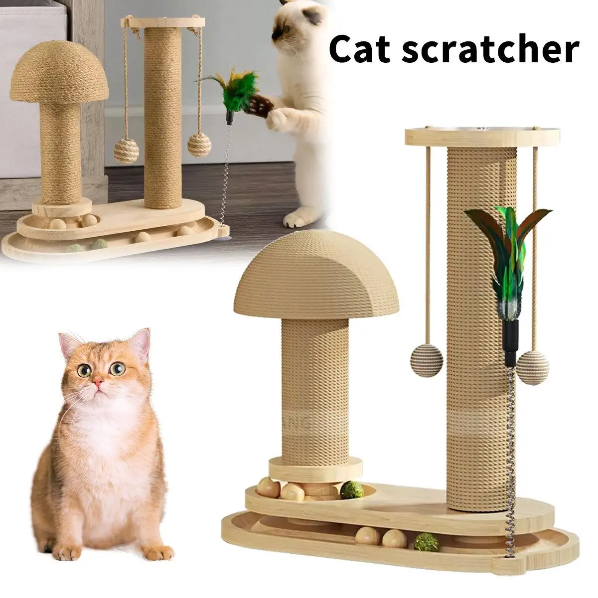 Cat Scratche Track Ball Toy Scratcher Cat Tree Scratching Post Wooden Base NEW