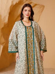 Women's Contrast Sequin Embroidery Long Sleeve Abaya, Elegant Round Neck Long Dress for Party Wedding Guest, Ladies Islamic Clothing for All Seasons
