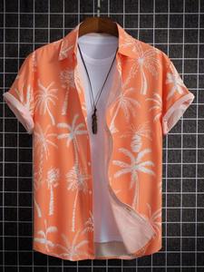 Men's Coconut Tree Print Summer Clothes, Button Front Shirt without Tee & Necklace, Loose Drop Shoulder Short Sleeve Top for Summer, Men's Clothes for Beach Vacation Holiday