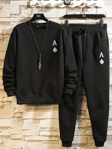 Two-piece Set Men's Playing Card Print Drawstring Sweatpants Set, Casual Comfy Sweatshirt & Pocket Pants for Fall & Winter, Men's Streetwear Outfits for Daily Wear, Menswear