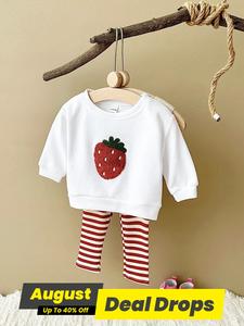 Baby Girl's Strawberry Pattern Sweatshirt & Striped Print Pants Two-Piece Set, Cute Casual Long Sleeve Pullover & Elastic Waist Trousers for Spring & Fall, Infant Toddler Kids Clothes