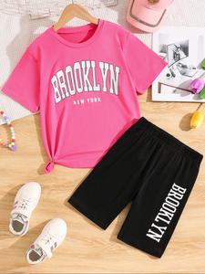 Toddler Girl's Letter Print Tee & Skinny Shorts Two-Piece Set, Casual Round Neck Short Sleeve T-Shirt & Shorts for Daily Wear, Kids Summer Clothes