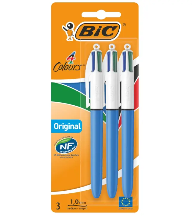 BIC 4 Colours Original Pens, Multi Coloured Pens All In One, Biro Pens, Medium 1.0mm, Green, Blue, Red, Black, 3 Pens Per Pack, 1 Pack