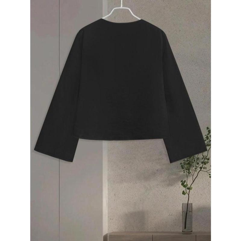 Women's Plain Tie Front V Neck Blouse, Casual Long Sleeve Top for Spring & Fall, Women's Clothing for Daily Wear, Workwear, January Workwear 4