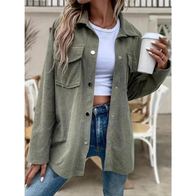 Women's Plain Button Front Flap Pocket Drop Shoulder Jacket, Casual Long Sleeve Collared Outerwear for Fall & Winter, Ladies Clothes for Daily Wear