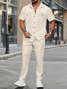 Two-piece Set Men's Solid Button Front Shirt & Pants Set, Regular Fit Casual Short Sleeve Pocket Top & Drawstring Waist Trousers, Men's Summer Clothes, Menswear