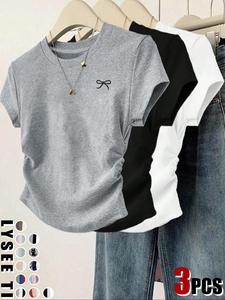 Women's Cat / Bow Print Tee, Casual Short Sleeve Round Neck T-shirt for Daily Wear, Ladies Clothes for All Seasons