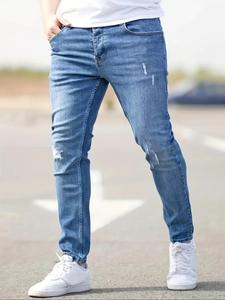 Men's Regular Fit Solid Color Ripped Slim Jeans, Casual Comfy Denim Pants for Daily Wear, Fashion Men's Bottoms for All Seasons, Cotton, Long Pants
