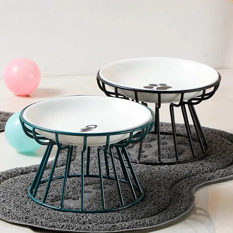 1 Set Pet Cat Ceramic Bowl Iron Rack Cat Food Snacks Canned Plate Anti-black Chin Anti-turning Water Does Not Leak Easy To Eat 0