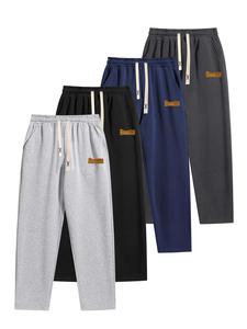 Men's Letter Patched Drawstring Waist Pants, Casual Comfy Pocket Straight Leg Pants for All Seasons, Men's Trousers for Daily Wear