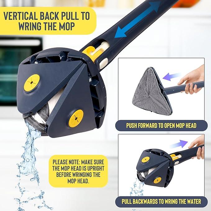Triangular Cleaning Mop 360° Rotating Head Mop for Cleaning Walls Replacement Absorbent Microfibre Pad Wet Dry Cleaning Water Squeezing with Telescopic Handle Triangle Floor Window,White 2