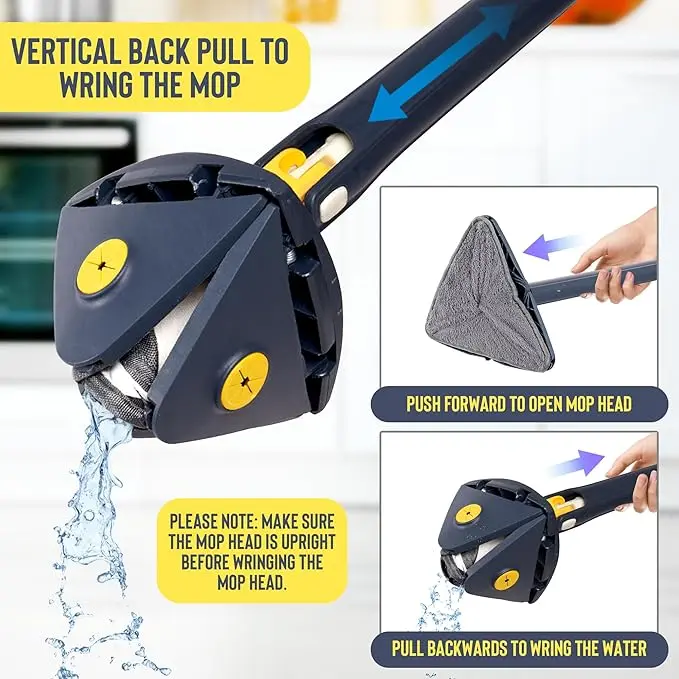 Triangular Cleaning Mop 360° Rotating Head Mop for Cleaning Walls Replacement Absorbent Microfibre Pad Wet Dry Cleaning Water Squeezing with Telescopic Handle Triangle Floor Window,White 2