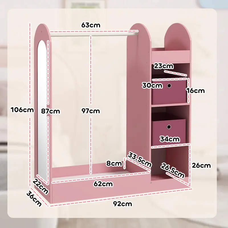 AIYAPLAY Kids Clothes Rail, Dress-Up Stand with Storage Shelf, Boxes & Mirror, Wardrobe for Bedroom, Nursery, Kids Room 2