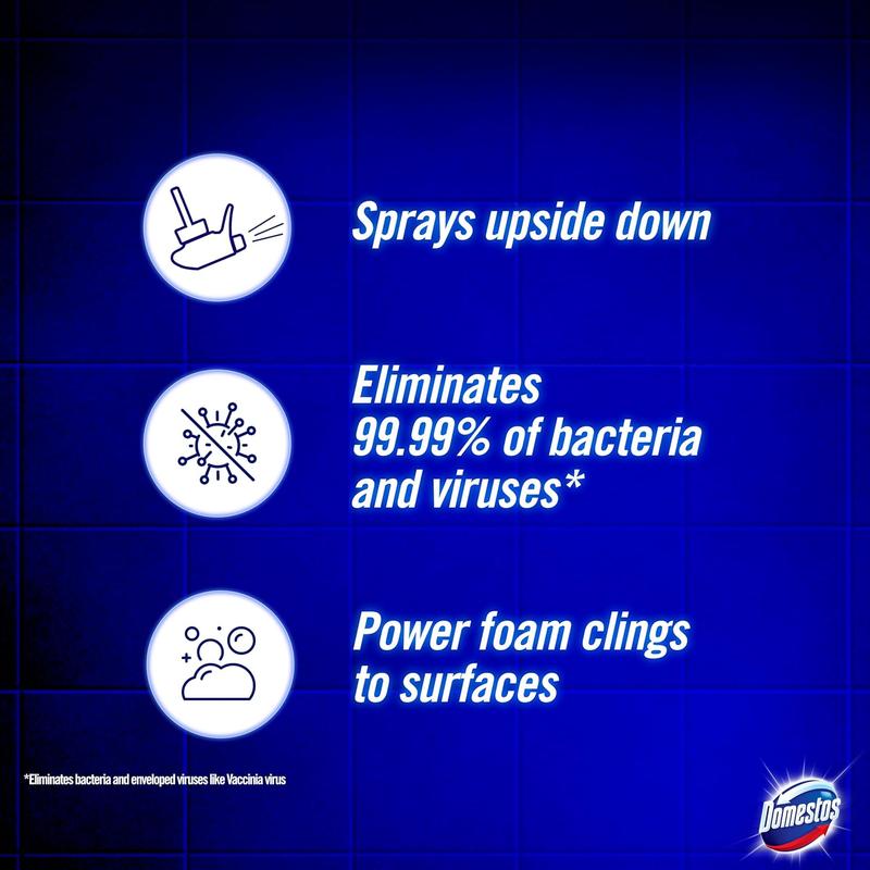 Domestos Power Foam Arctic Fresh Toilet & Bathroom Cleaner Spray sprays upside down & eliminates 99.99% of germs* for cleaning inside the toilet & around the bathroom 450 ml 2