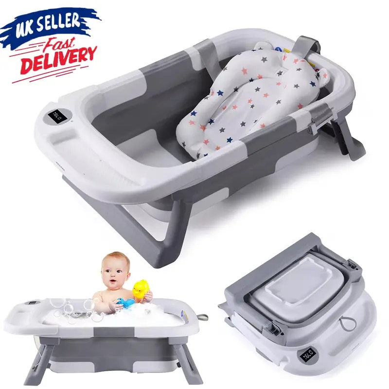 Foldable Baby Bath Tub Ergonomic with Temperature & Cushion Bath Pad + Bath Net 0