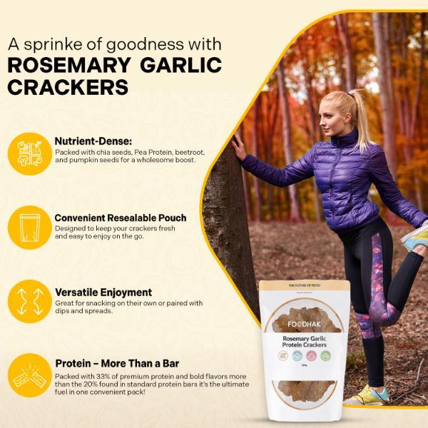 FOODHAKS Rosemary and Garlic Protein Crackers (100 g) - Plant Based Low Carb Crackers, High-Protein, Oven-Baked Rich Fibre, Gluten-Free Healthy Snacks with Chia, Pumpkin and Sunflower Seeds 2