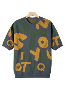 Men's Regular Fit Letter Print Round Neck Knit Top, Casual Short Sleeve Crew Neck Pullover for Summer, Fashion Men's Knitwear for Daily Wear