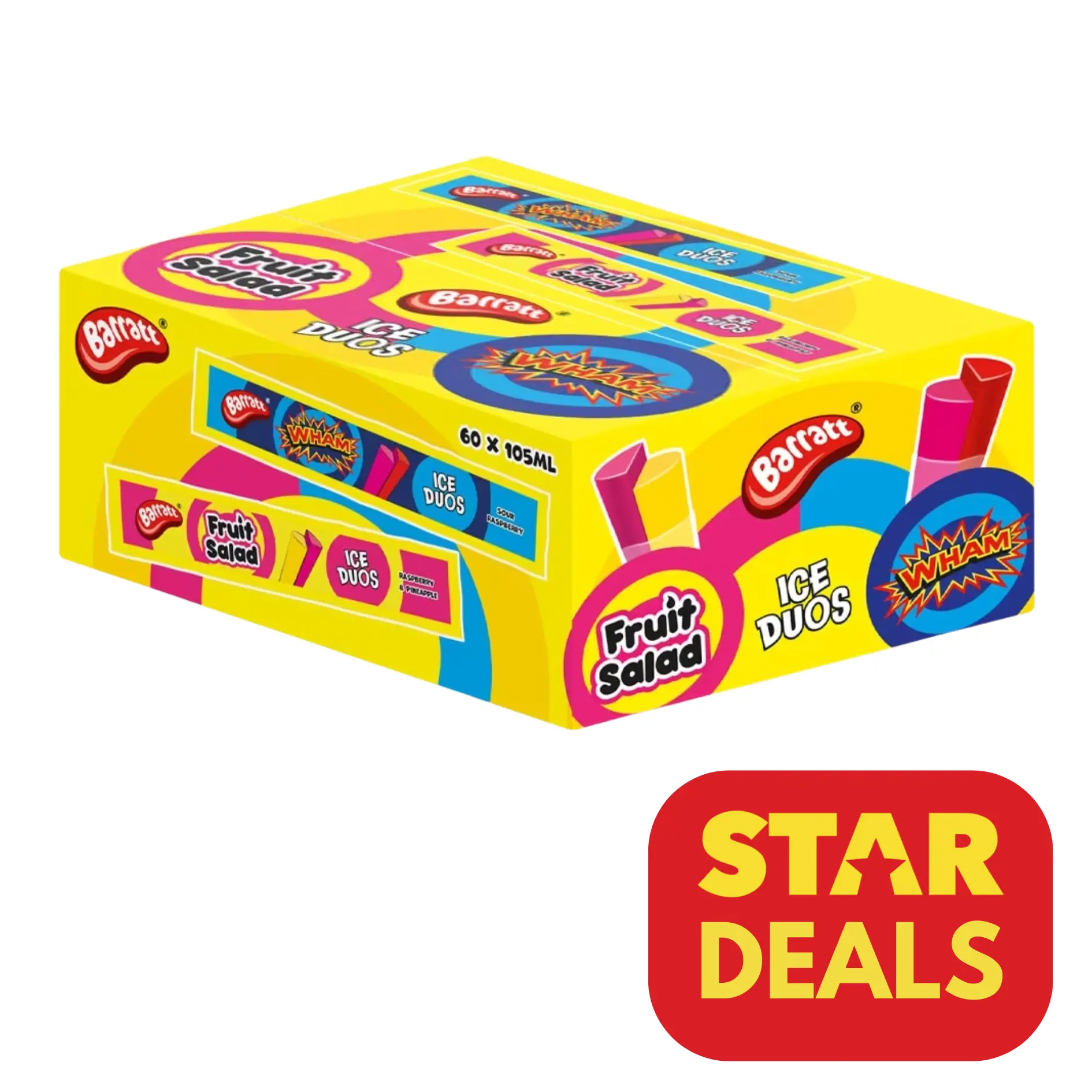 Fruit Salad & Wham Ice Duos Ice Poles | 60 x 105ml Ice poles | raspberry & pineapple flavour and sour raspberry flavour | best before 31st May 2025