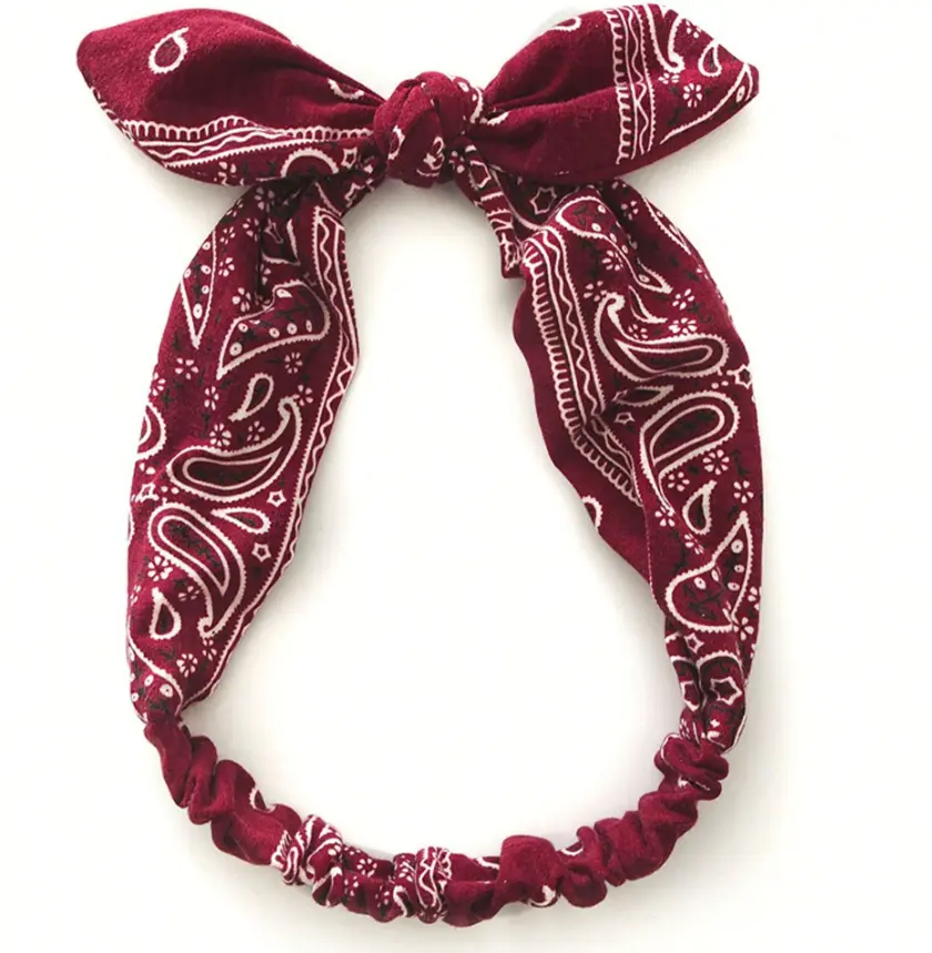 Vintage Bow Knot Elastic Hairband with Paisley Flower and Rabbit Ears for Women's Festival Decoration - Paisley Pattern Printed Headband