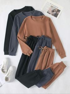 Women's Solid Color Long Sleeve Top & Tie Front Elastic Waist Pants Set, Casual Round Neck Top & Trousers for Spring & Fall, Women's Clothes for Daily Wear, Casual Lounge Set