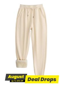 Women's Plain Drawstring Waist Pocket Sweatpants, Sporty  Casual Soft Comfy Thermal Lined Jogger Pants for Fall & Winter, Women's Trousers for Daily Wear