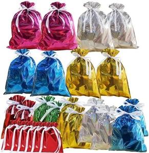 24 Pack Foil Gift Bags Drawstring Solid Color Present Wrapping Bags 6 Color Shimmer Multipack Jumbo Christmas Bag Reusable Large Xmas Gift Bag for Presents Birthday Wedding Party