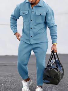 Two-piece Set Men's Solid Button Front Shirt & Drawstring Waist Pants, Regular Fit Casual Long Sleeve Collared Outerwear & Elastic Waist Trousers for Fall & Winter, Men's Clothes for Daily Wear