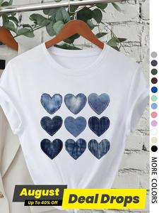 Women's Denim-like Heart Print Shortsleeve Pajama Tee, Casual Comfy Vintage Round Neck T-shirt for Daily Wear, Ladies Sleepwear for All Seasons, Top