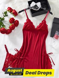 Women's Contrast Lace Split Hem Cami Nightdress & Thong Two-piece Set, Elegant Adjustable Spaghetti Strap Bow Decor Nightgown & Thong Set, Soft Ladies Sleepwear for All Seasons, Nightgowns Pajamas