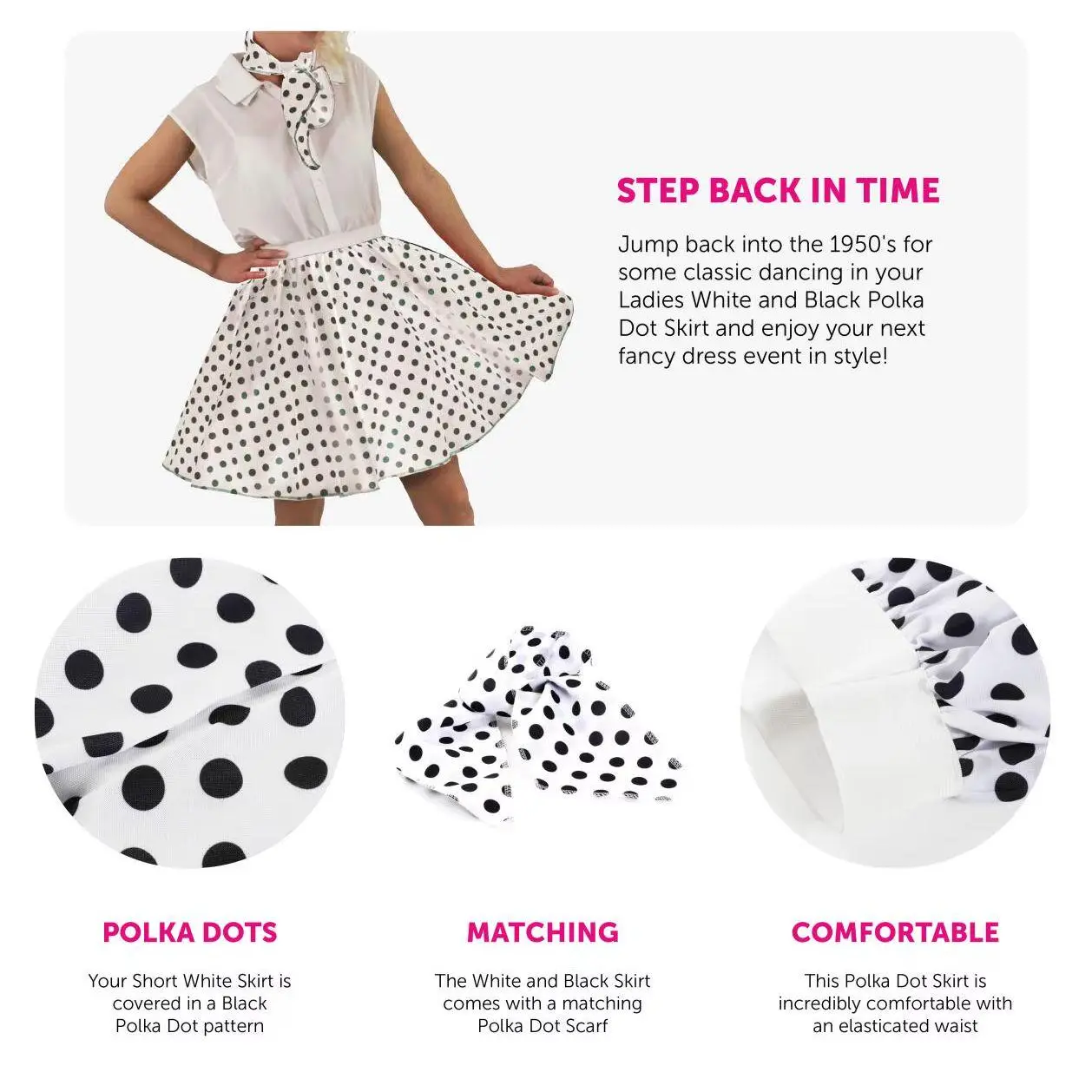 Ladies White and Black Polka Dot Skirt with Matching Scarf for 1950's Dancing Costume - Comfort, Dress