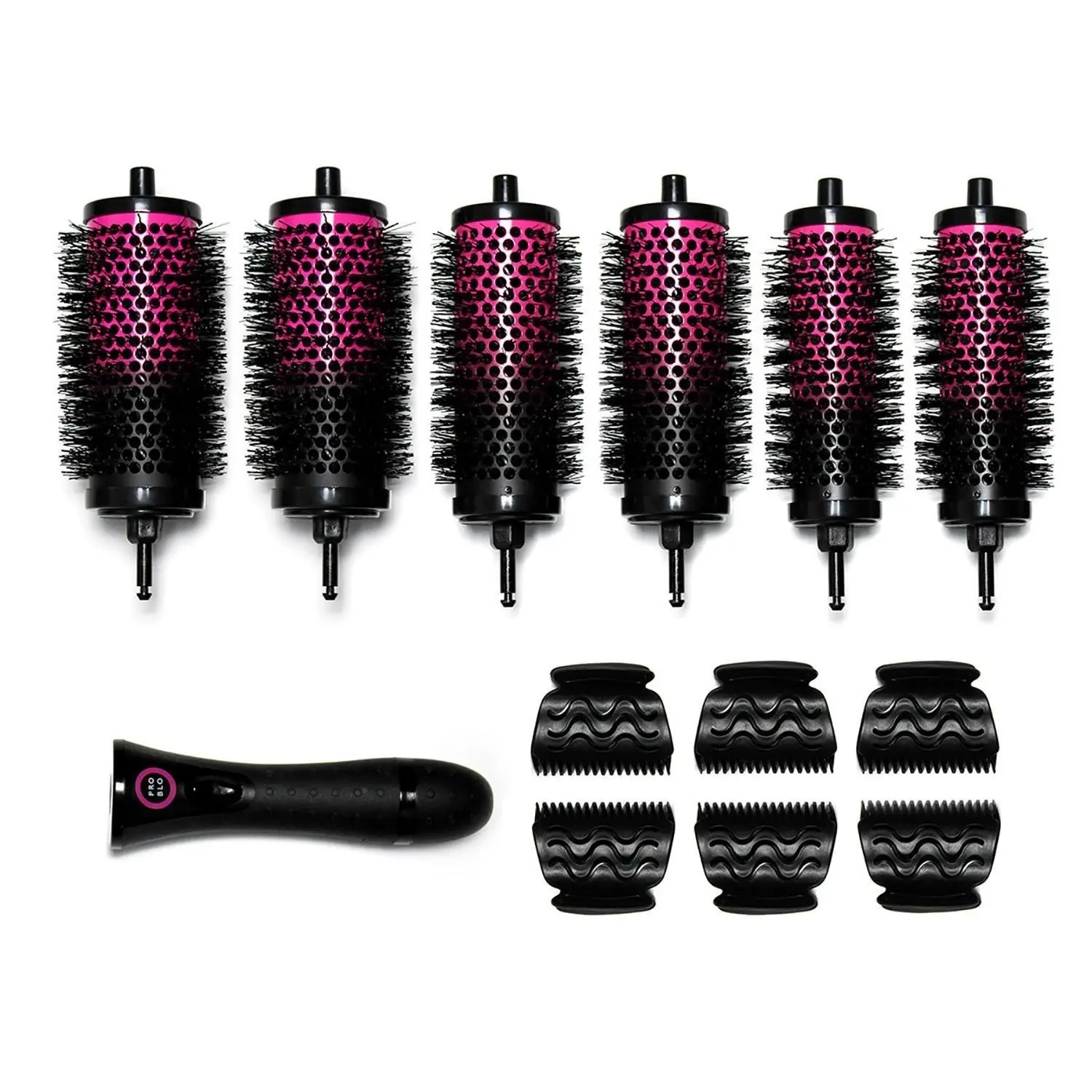 PRO BLO CurlME Starter Set - 6 Barrels, 6 Clips, 1 Handle - Heatless Hair Brush for Big Bouncy Curls