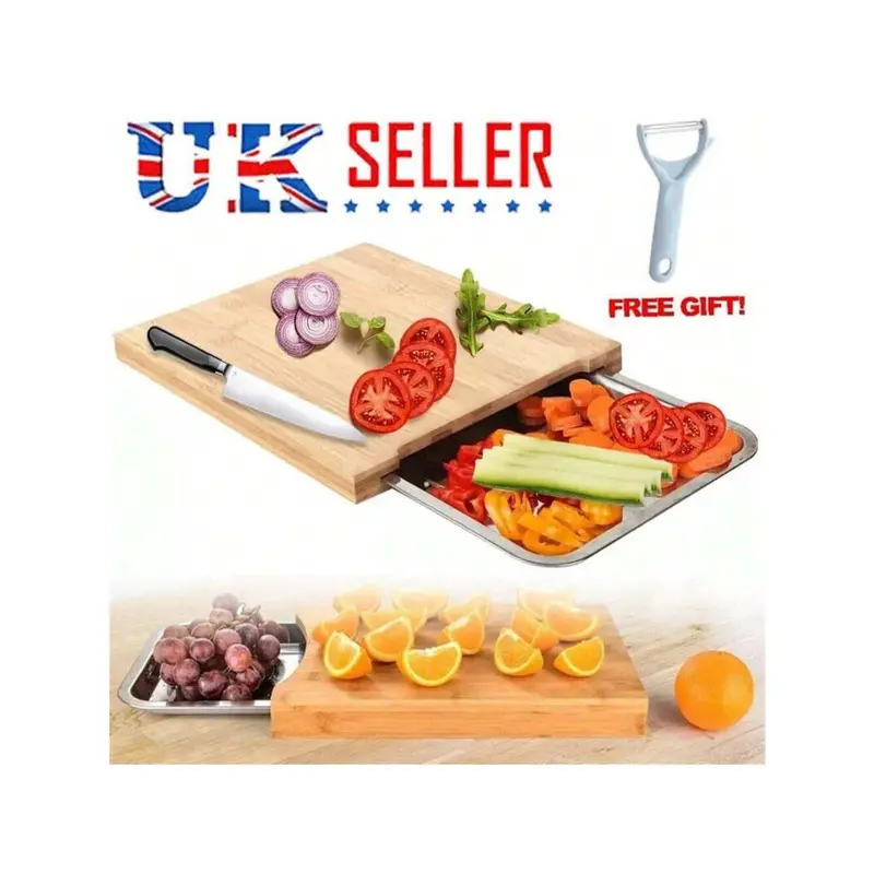 Kitchen artifact! Bamboo cutting board with stainless steel tray, mildew-proof cutting board + sliding juice tray, two-in-one design Chopping Knives 1Pcs 7