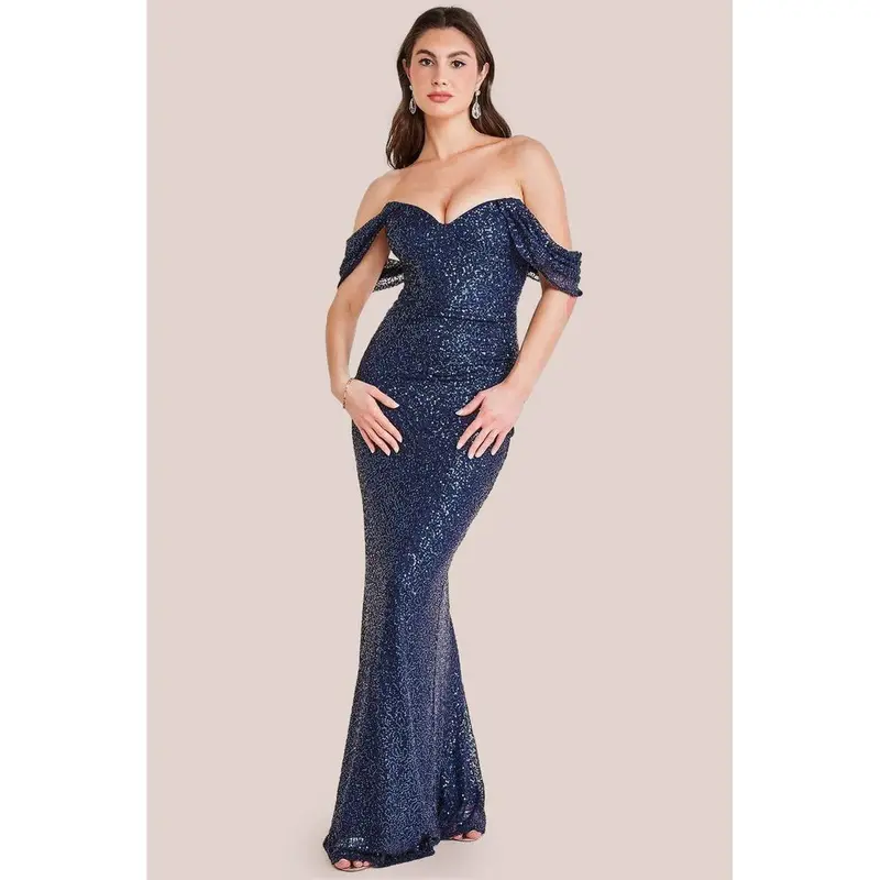 Goddiva Off The Shoulder Sequin Wing Maxi - Navy 0