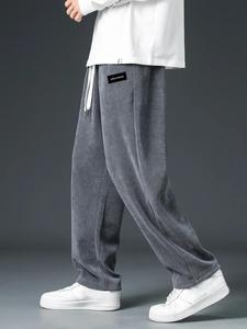 Men's Plain Letter Patched Pocket Drawstring Waist Corduroy Pants, Loose Casual Comfy Straight Leg Trousers for Fall & Winter, Men's Bottoms for Daily Wear