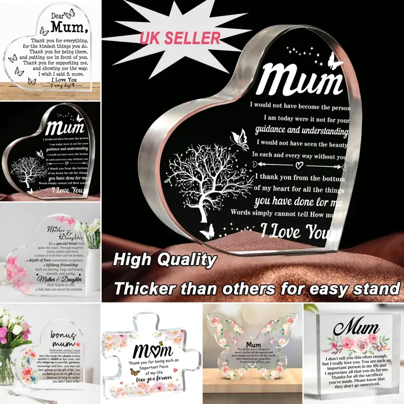 1pc Mum Gifts | Thank You Gifts for Mum from Daughter Son | Acrylic Plaque with Touching Words | Living Room Desk Ornaments | Personalised Birthday Gifts Presents for Her Mum Bonus Mum Mother in Law | Home Deco Rack Console Table Decor Centerpiece Statue 8