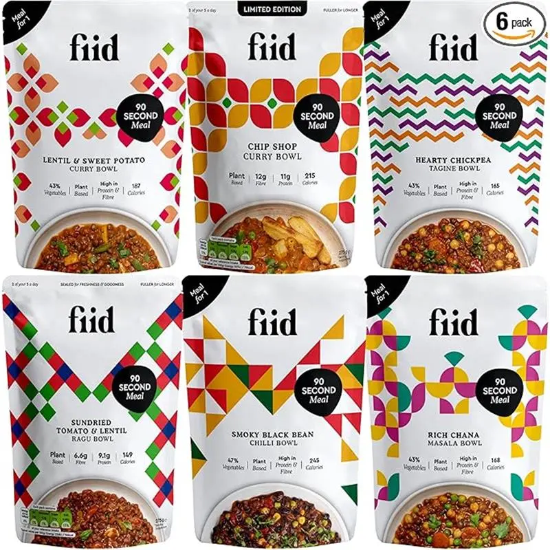 Fiid 100% Natural Vegan Microwave Ready Meals Multipack – 6x 275g Pouches, High Protein & Fibre