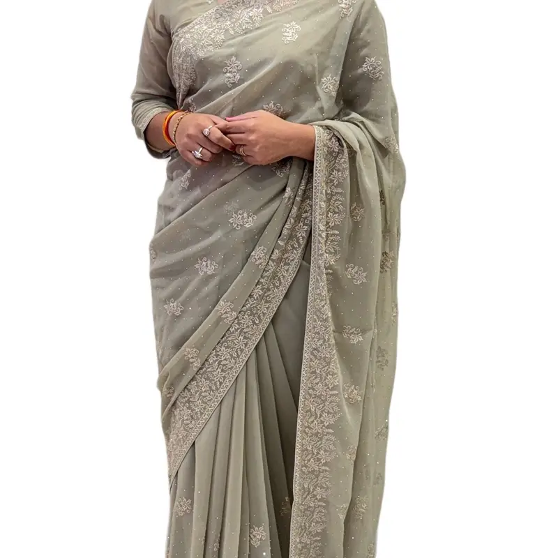 French Grey Saree with Embroidery Work for Women - Comfortable and Stylish - Clothes, Asian, Womenswear