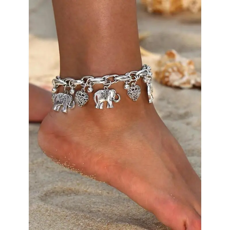 Women's Boho Style Elephant & Heart Design Anklet, Fashionable Retro Anklet for Women & Girls, Trendy All-match Vintage Body Jewelry As Gift for Summer Decor 6