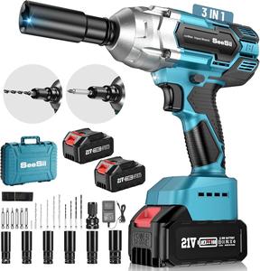 2025 Seesii  3 in 1 Multi-Function Brushless Impact Wrench,Cordless Impact Wrench,  1/2 inch 479 Ft-lbs(1000/650Nm) Max Torque, 2x 4.0 Battery, 6 Sockets, 9 Drill, 6 Screws, Ideal for Car Home, WH700