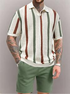 Men's Striped Print Short Sleeve Top & Shorts Two-Piece Set, Casual Fashion Cozy Breathable Top & Shorts for Summer, Men Two-Piece Clothes Outfits for Beach Vacation, Matching Sets