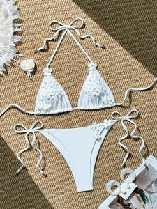 Two-piece Set Women's Plain Floral Appliques Halter Bikini Set, Casual Halter Swim Bra & Tie Side Swim Panty, Ladies Swimsuit for Beach Holiday Vacation