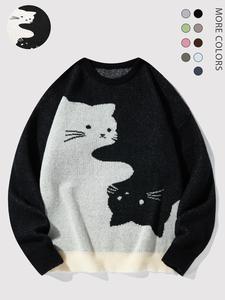 Men's Cartoon Cat Print Round Neck Sweater, Regular Fit Casual Long Sleeve Crew Neck Jumper for Fall & Winter, Fashion Men's Knitwear for Daily Wear  2624 Crewneck
