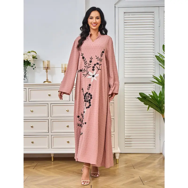 2025 Middle East Dubai Women's Robe Autumn New Arrival Embroidery Beads Pink Abaya Dress Dress 6