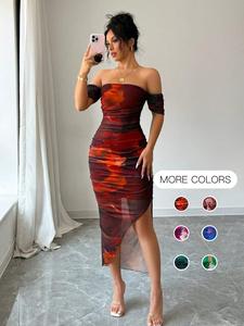 Women's All Over Print Off Shoulder Mesh Dress, Elegant Fashion Casual Dress for Party Club Dating Wear, Women Dress for Summer