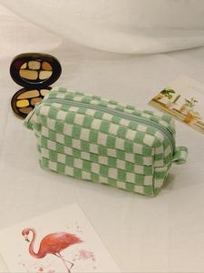 Cute Checkerboard Pattern Cosmetic Bag, 1 Piece Large Capacity Knitting Storage Bag, Fashion Portable Make-up Bag for Women and Girls, Makeup Pouch, Travel Essentials