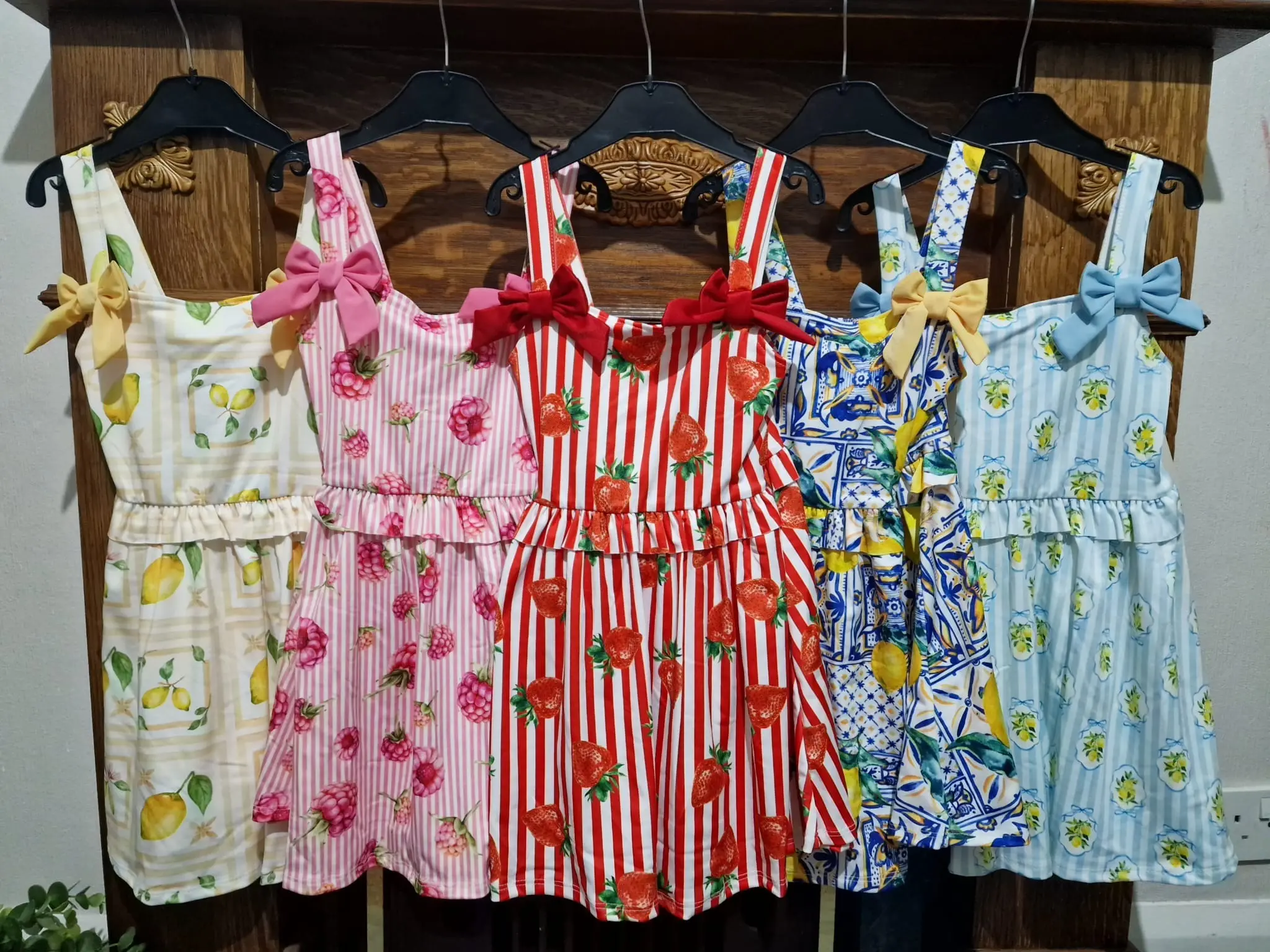 [SCL Clothing] Viral Girls Summer Dress with Fruit & Double Bows (Ages 2–12) – Kids Lemon, Strawberry, Raspberry | Soft & Stretchy