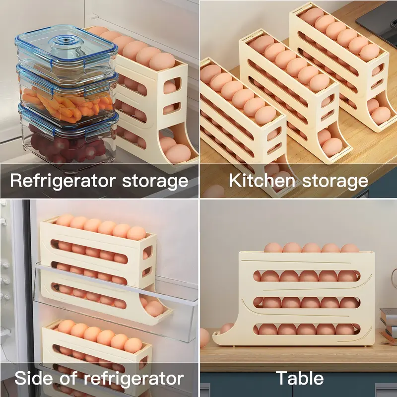4-Tiers Auto Rolling Egg Dispenser, Space-Saving Egg Holder for Fridge and Countertop, Durable Plastic Kitchen Egg Organizer 1