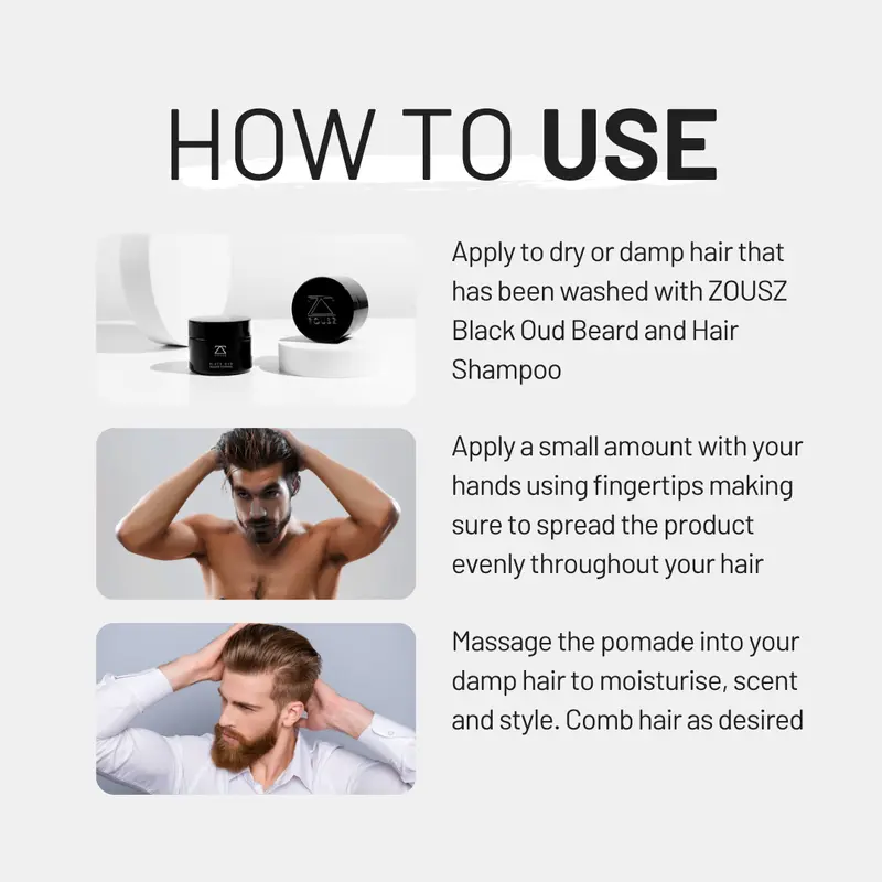ZOUSZ Black Oud Deluxe Pomade for Men - Medium to Strong Hold with Aloe Vera and Organic Moisturizers - Vegan and Cruelty-Free - Luxury Hair Care 4