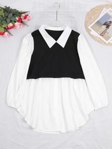 Plus 2 in 1 Colorblock Button Front Fitted Blouse, Chic Elegant Basic Bishop Sleeve Collared Top for Spring & Fall, Women's Clothes for Daily Wear, Womenswear